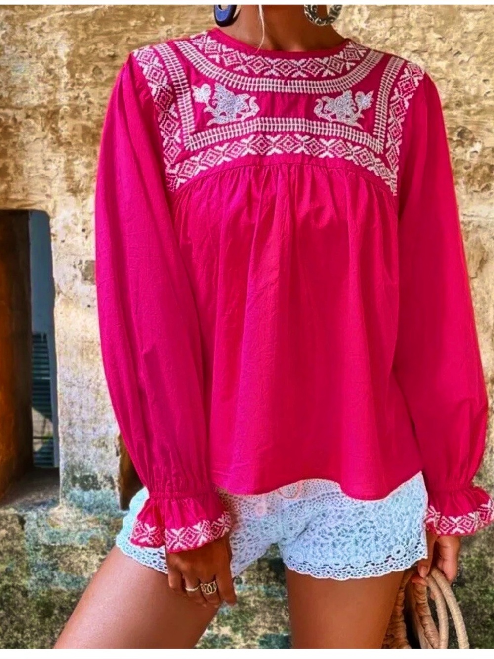 Zara Embroidered Peasant Blouse Fuschia Size Medium NWOT